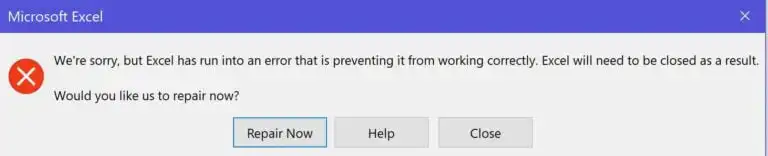 We’re sorry, but Excel (or other apps) has run into an error