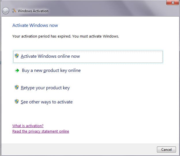 The activation period for Windows 7 has expired