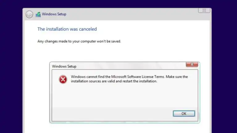Windows installation Error: “Windows cannot find the Microsoft Software License Terms.”