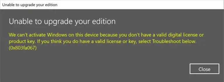 Activation error 0x803fa067 – How to fix it?