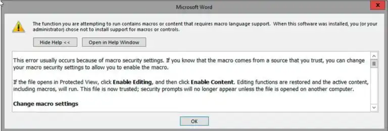 Error in Microsoft Office – “The function you are attempting to run contains macros…”