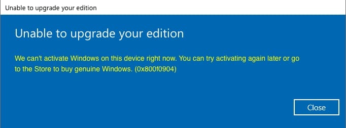 Windows Activation 0x800f0904 Error