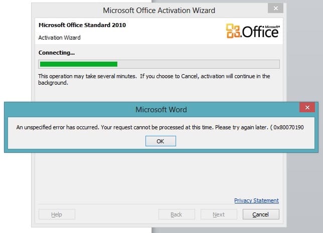 MS Office 2010 - 0x80070190 error