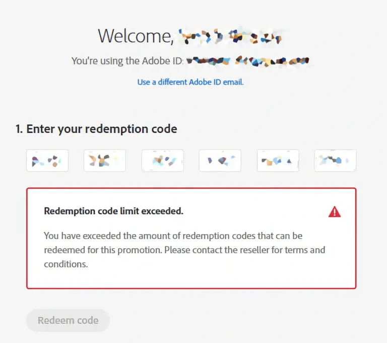 Adobe – Redemption code limit exceeded