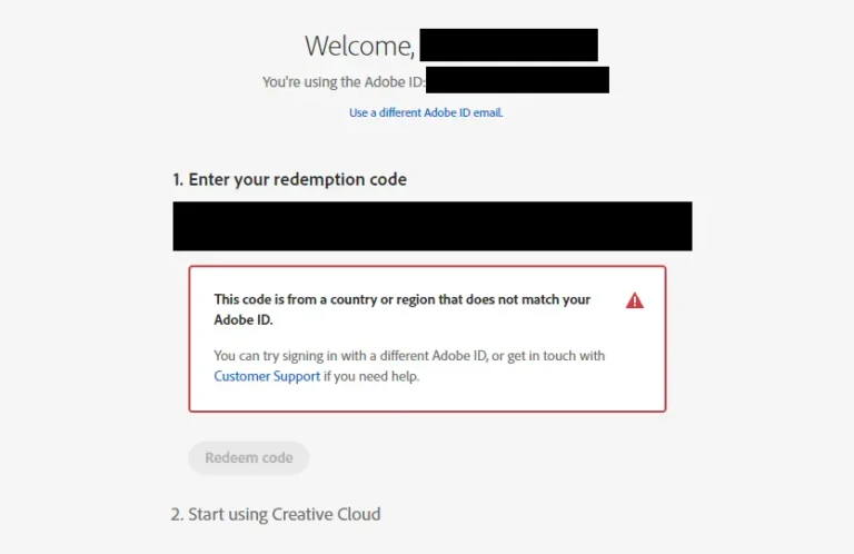 This code is from a country or region that does not match your Adobe ID
